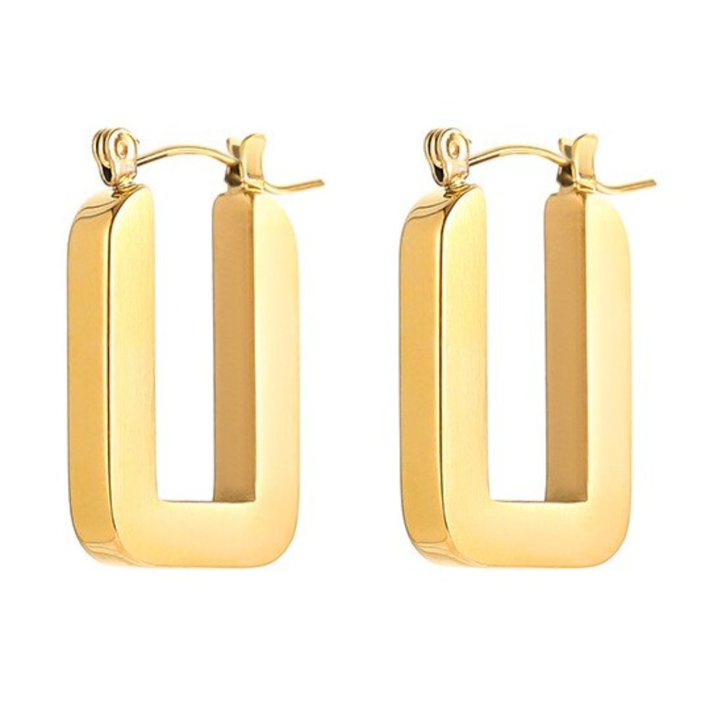 Square U-Shape Hoop Earrings PVD 18K Gold Plated Stainless Steel - Picture 10 of 10